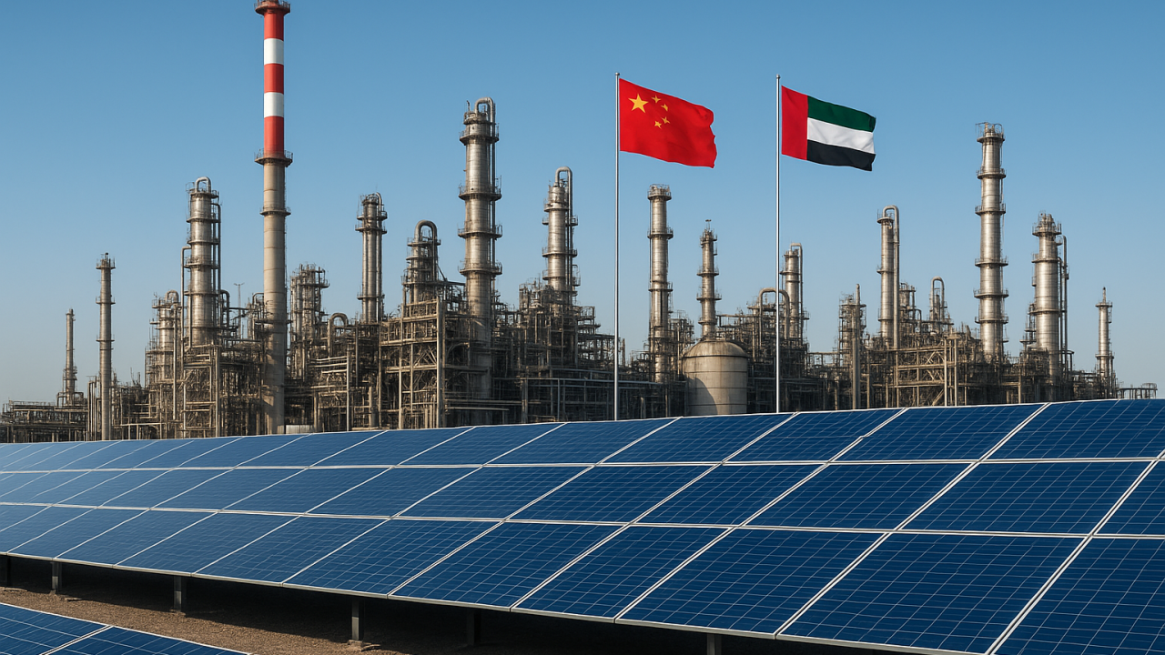 Chinese and UAE flags against an industrial refinery and solar panel farm under a clear blue sky