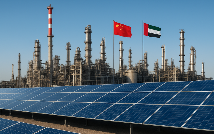 Chinese and UAE flags against an industrial refinery and solar panel farm under a clear blue sky