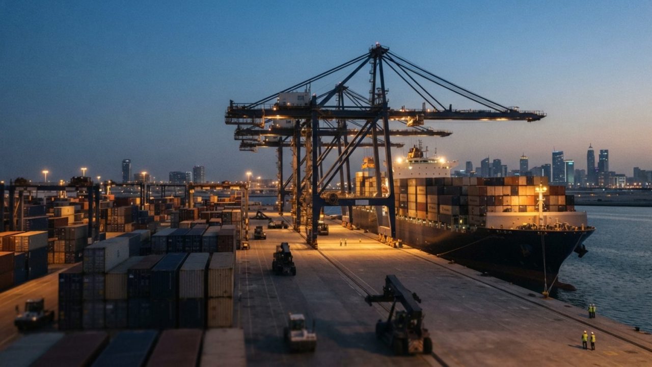 Illustration: A modern commercial container port terminal at twilight with rows of stacked shipping containers and towering gantry cranes loading a la