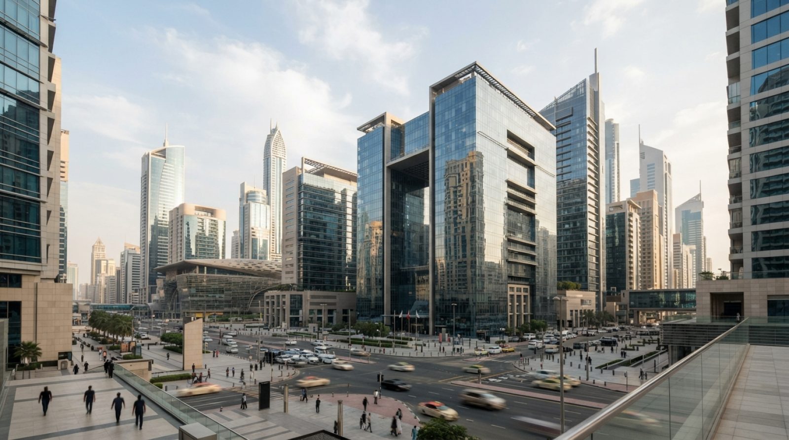 Illustration: Financial district skyscrapers in Dubai with modern glass architecture reflecting the afternoon sun, showcasing global financial commerc