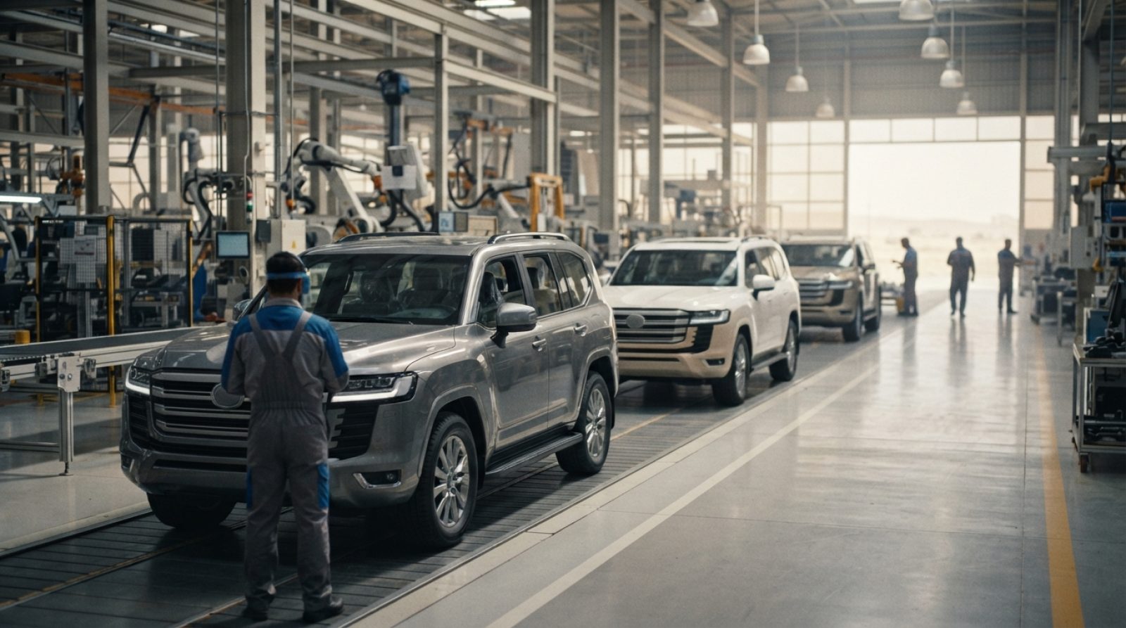 Illustration: Modern automotive assembly line inside an industrial plant in an arid Gulf region economic zone, showing new sport utility vehicles unde