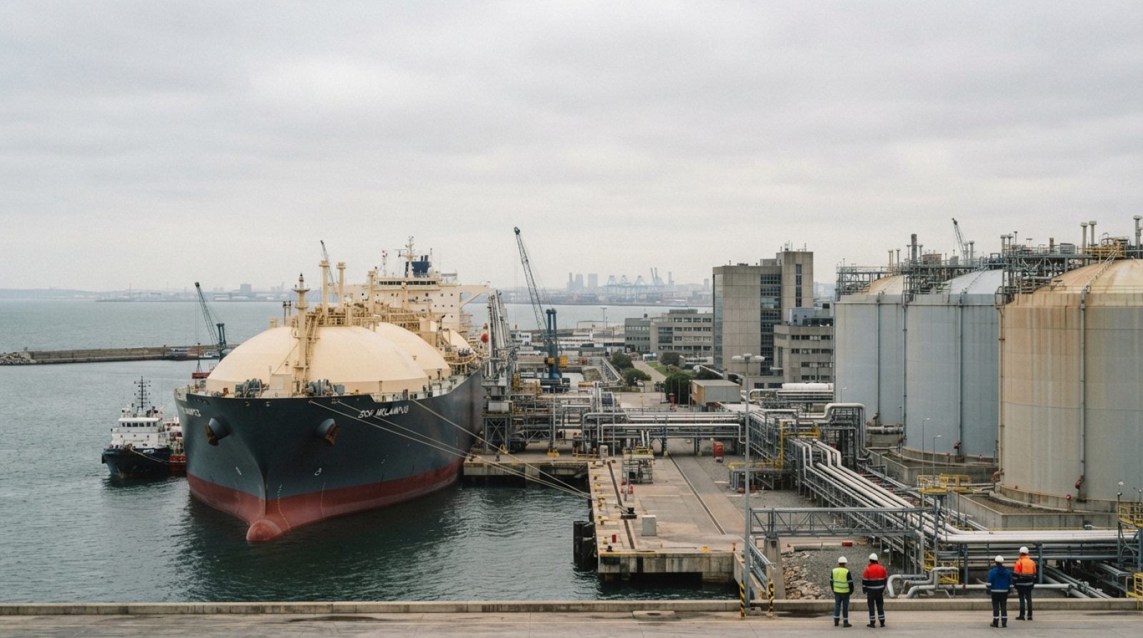 Illustration: A commercial LNG carrier ship berthed at an industrial coastal receiving terminal with massive cylindrical storage tanks under an overca