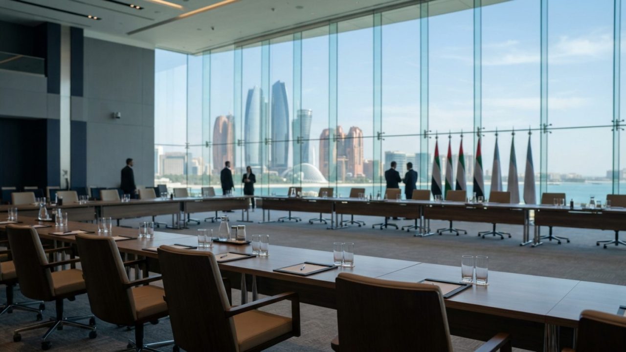 Illustration: A modern, bright conference hall in the United Arab Emirates with empty elegant seating arranged around polished wooden tables, floor-to