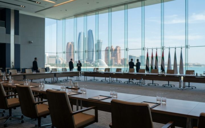 Illustration: A modern, bright conference hall in the United Arab Emirates with empty elegant seating arranged around polished wooden tables, floor-to