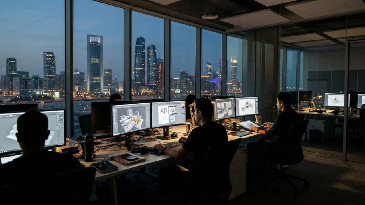 Illustration: A modern creative digital design studio featuring high-tech workstations with glowing dual monitors displaying architectural 3D models a