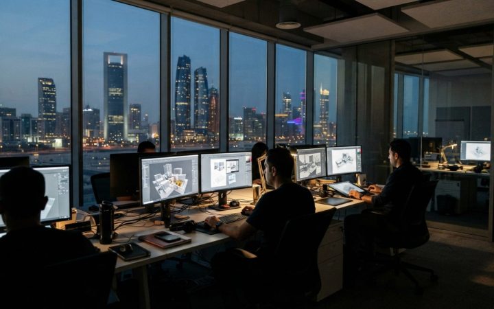 رسم توضيحي: استوديو تصميم رقمي إبداعي وحديث يضم محطات عمل عالية التقنية مزودة بشاشات مزدوجة مضيئة تعرض نماذج معمارية ثلاثية الأبعاد a