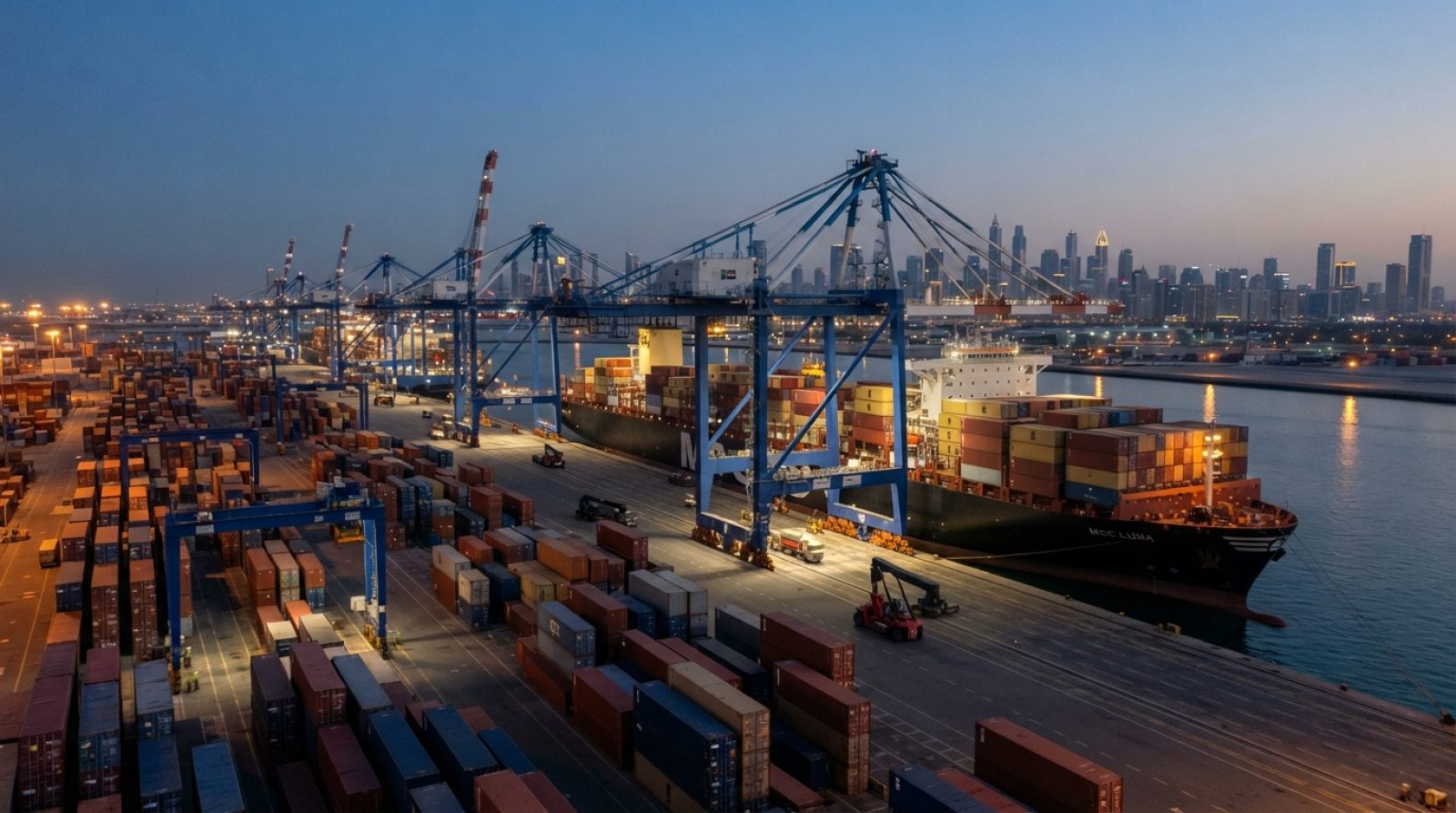Illustration: Editorial photograph of a busy commercial sea shipping terminal at dusk, showing stacked colorful intermodal containers and large gantry