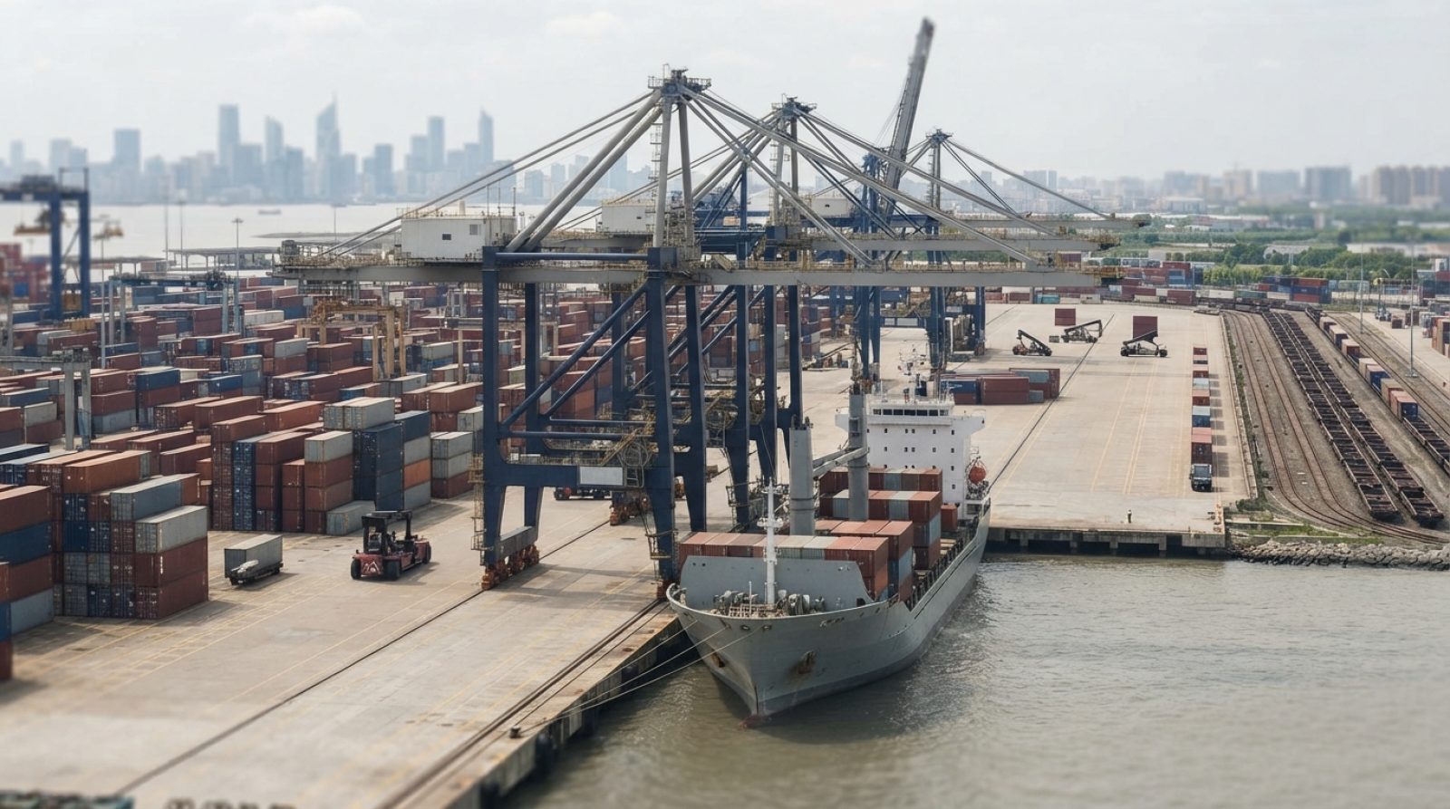 Illustration: Editorial style daylight photograph of a modern commercial container terminal, featuring high automated gantry cranes, neatly aligned st