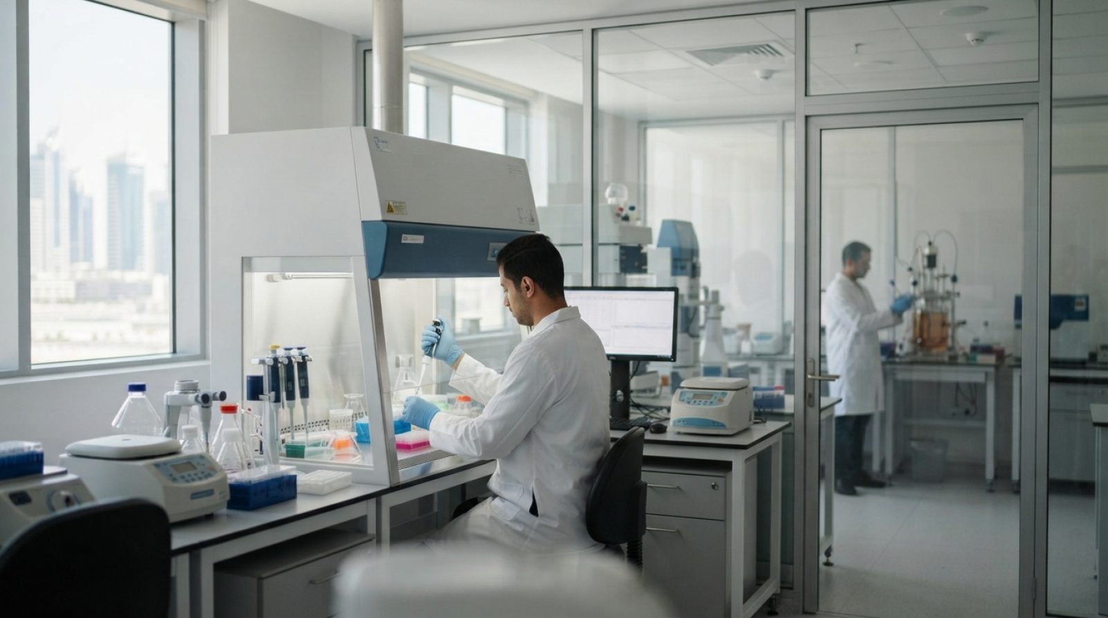 Illustration: A state-of-the-art biotechnology laboratory interior with high-tech research equipment, clean glass partitions, and modern architectural