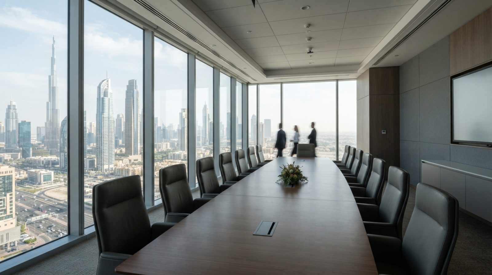 插图：迪拜当代办公大楼内现代化、明亮的企业董事会议室，配有时尚的会议桌、空置的行政椅和 flo