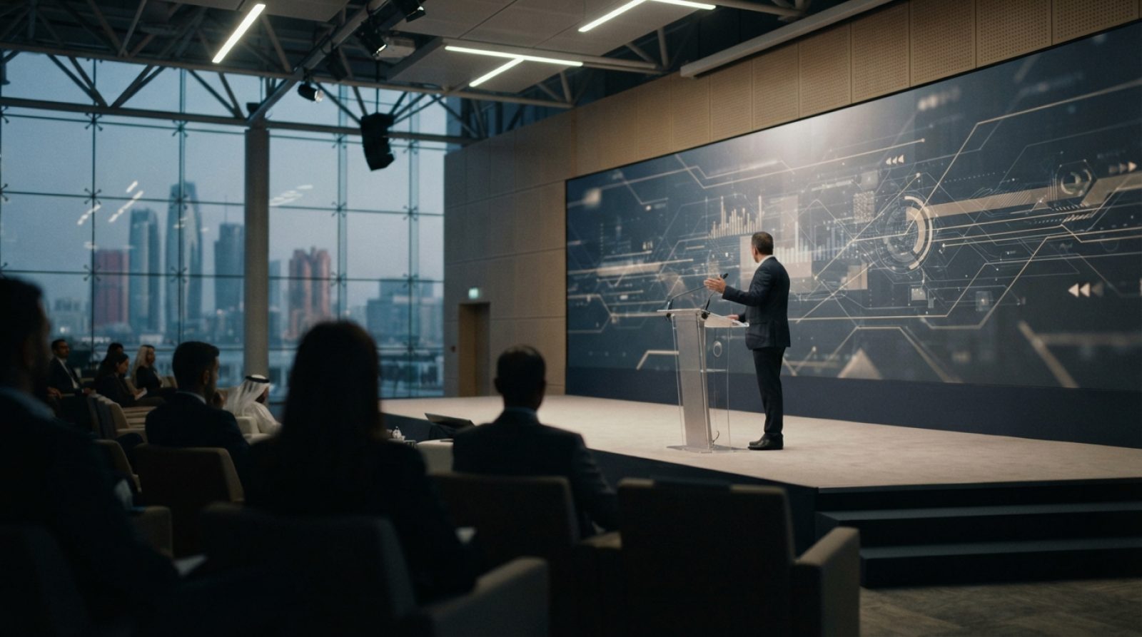 Illustration: A modern glass-and-steel convention center interior with a sleek corporate exhibition stage and large digital screens showing abstract t