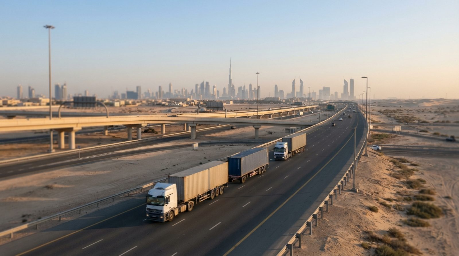 Illustration: A line of heavy commercial semi-trailer trucks traveling smoothly along a multi-lane desert highway interchange in Dubai at sunrise, wit