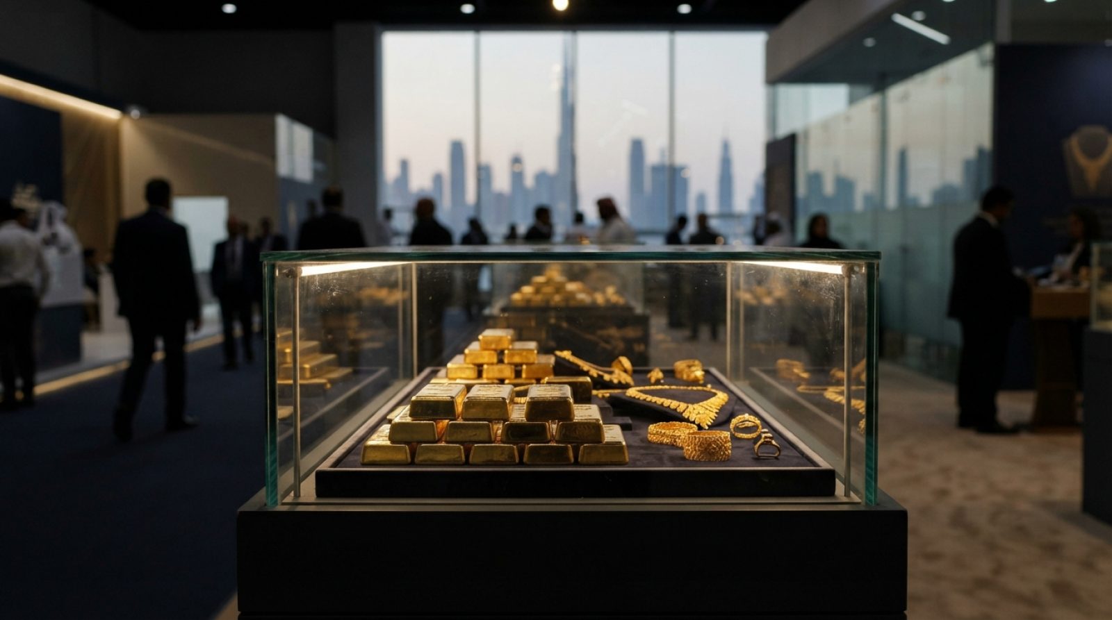Illustration: Editorial photograph of gold bullion bars and traditional gold jewelry arranged inside a modern display case at a high-end trading venue