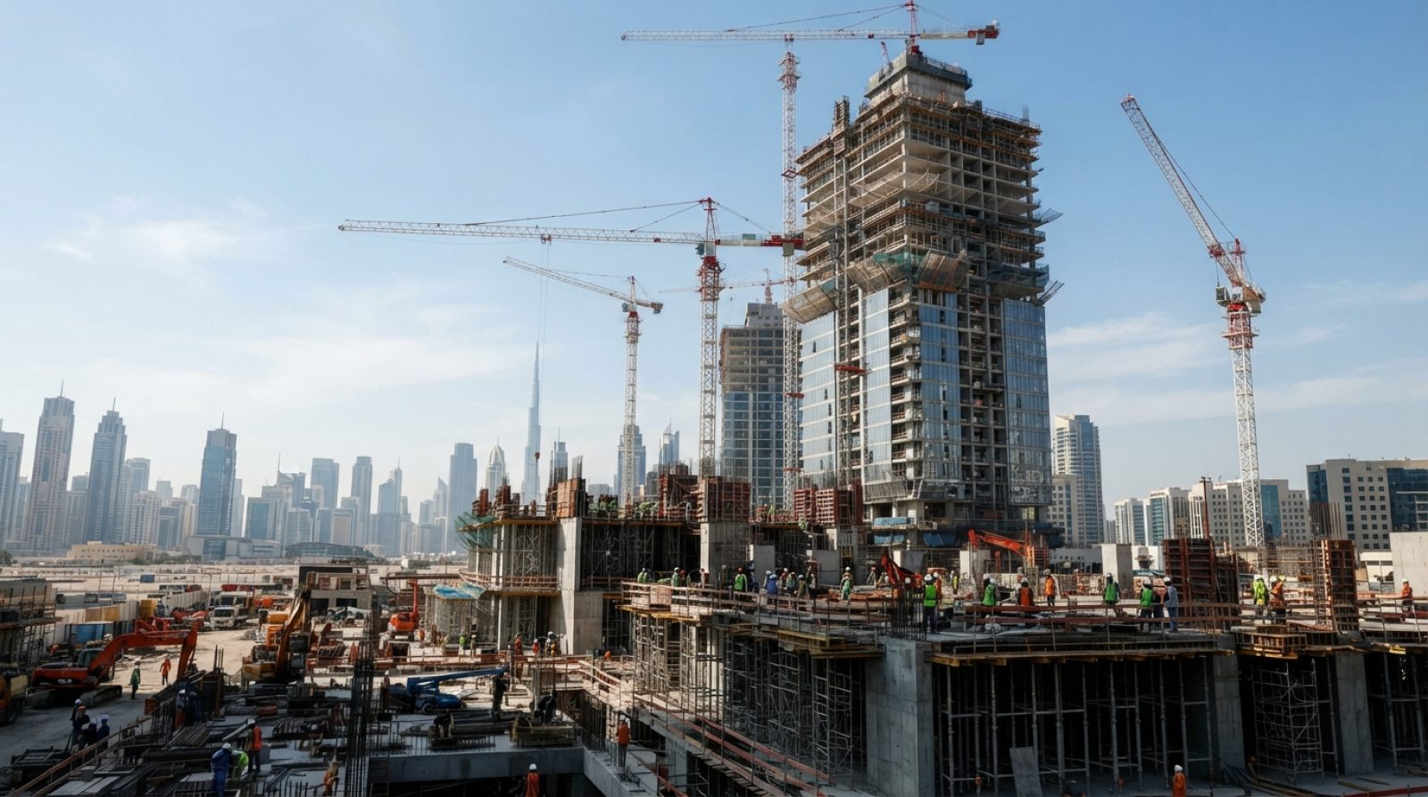 Illustration: A modern construction site in Dubai with high-rise commercial towers under development, featuring automated tower cranes and architectur