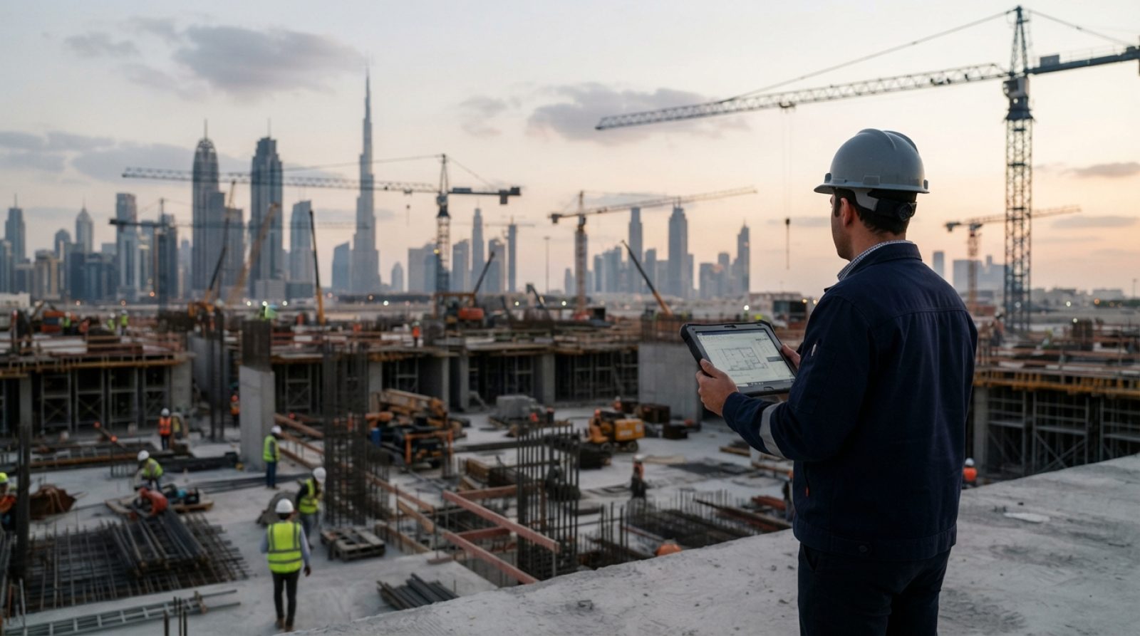 Illustration: A modern high-rise building construction site in Dubai during late afternoon, showing crane silhouettes against a futuristic urban skyli