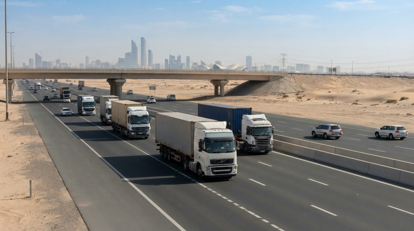 Illustration: Heavy freight trucks and commercial lorries driving on a multi-lane modern desert highway in the United Arab Emirates under clear daylig