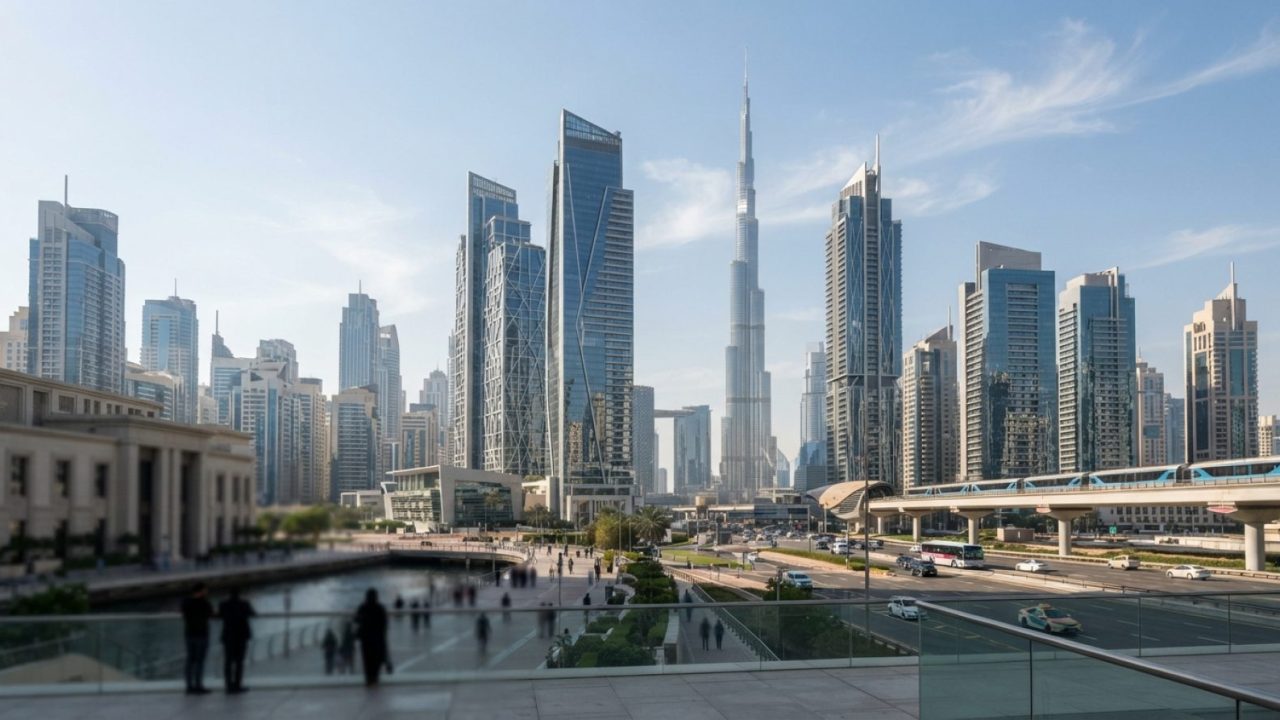 Illustration: Editorial photograph of contemporary financial skyscrapers and commercial high-rises in Dubai's business district under bright daylight,