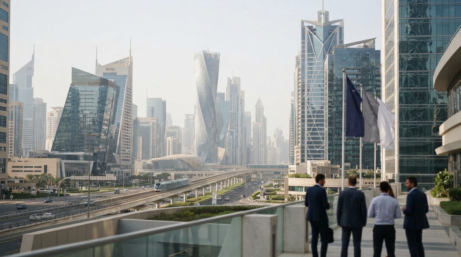 Illustration: A modern technological and commercial cityscape featuring futuristic skyscrapers and modern business towers under clear skies, reflectin