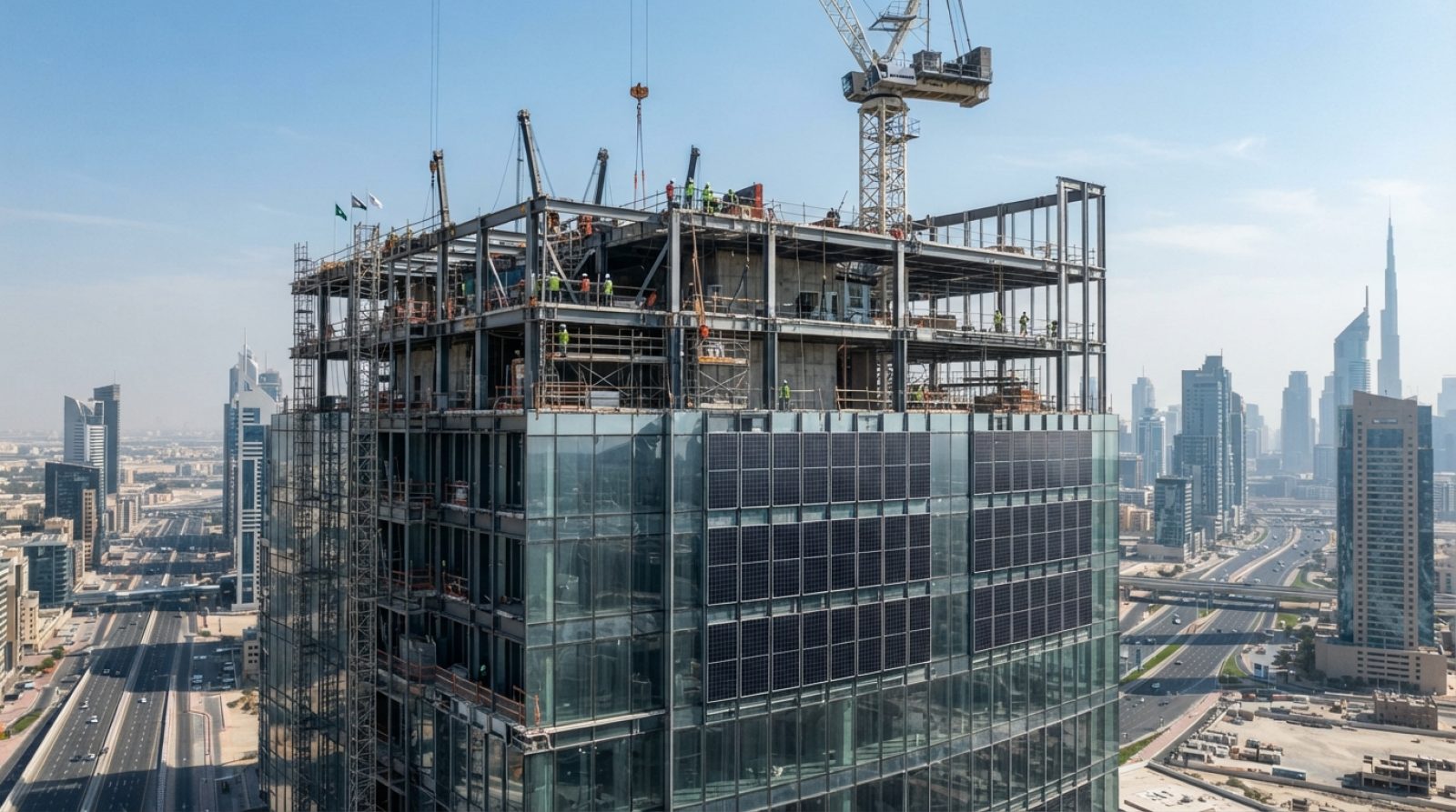 Illustration: A modern sustainable commercial skyscraper under construction in Dubai with solar panels integrated into the glass facade and energy-eff