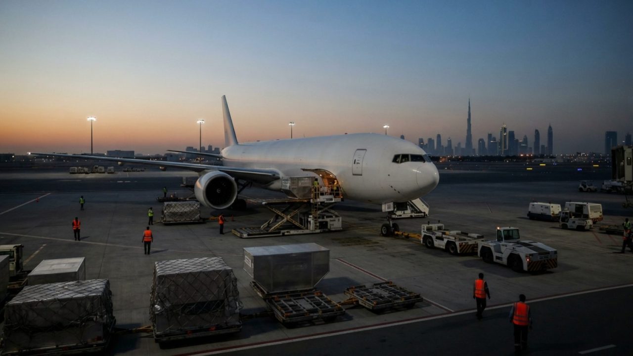 Illustration: A commercial air cargo aircraft parked on an airport tarmac at dusk in Dubai, with ground handling loaders and freight containers on the