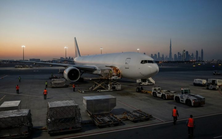 Illustration: A commercial air cargo aircraft parked on an airport tarmac at dusk in Dubai, with ground handling loaders and freight containers on the