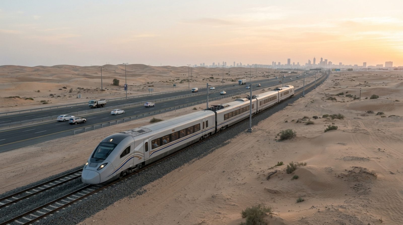 Illustration: A modern sleek passenger train running alongside a highway in the UAE desert landscape at sunrise, showing infrastructure development wi