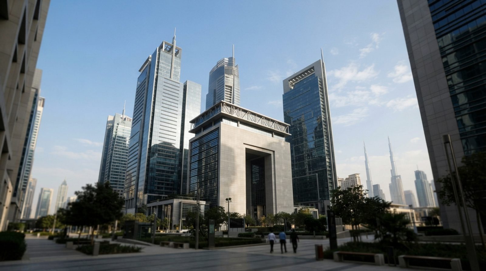 Illustration: Futuristic glass office buildings of the Dubai International Financial Centre under a clear blue sky, modern commercial architecture, no