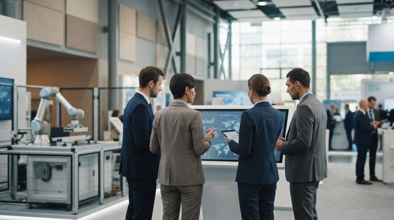 Illustration: Editorial photograph showing a modern international digital trade exhibition hall with high-tech displays, robotic demonstration units,