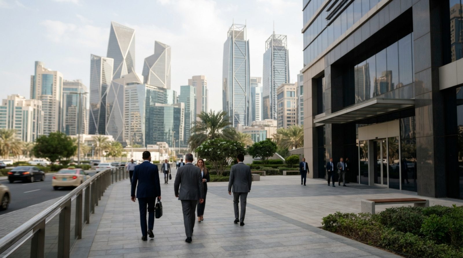 Illustration: A modern commercial banking district in the United Arab Emirates with gleaming office towers, reflective glass facades, and business pro