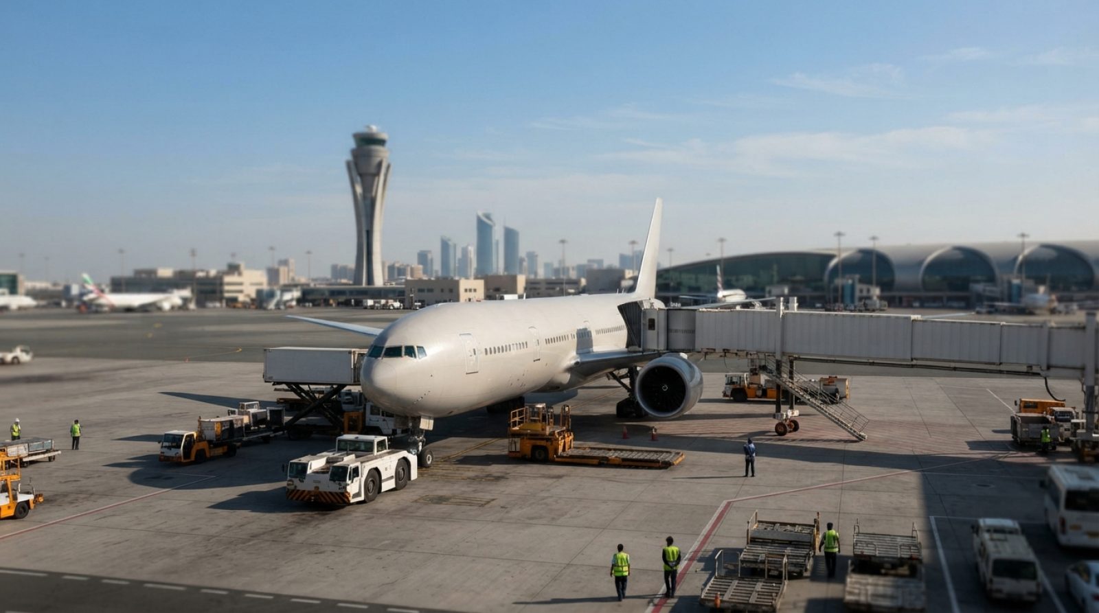 Illustration: A commercial passenger airliner parked on an airport apron under clear daylight with ground handling vehicles nearby and an air traffic