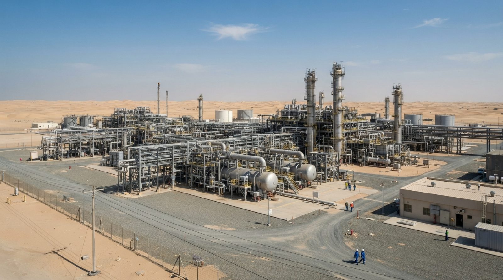 Illustration: A realistic wide-angle editorial news photo of a massive natural gas processing facility and industrial piping complex in an arid Middle