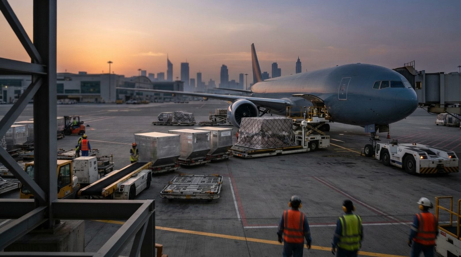 Illustration: A busy air cargo terminal at an international airport at sunset, showing cargo pallets and air freight containers being loaded onto a co