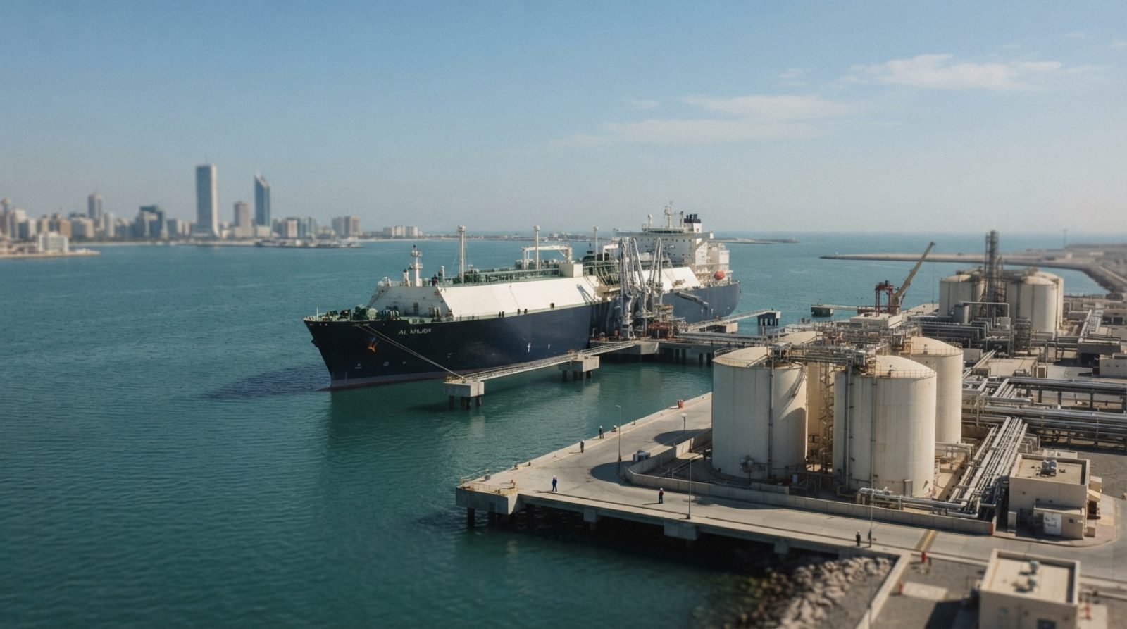 Illustration: Editorial photograph of a large liquefied natural gas carrier anchored off a major coastal energy terminal with loading arms and cryogen