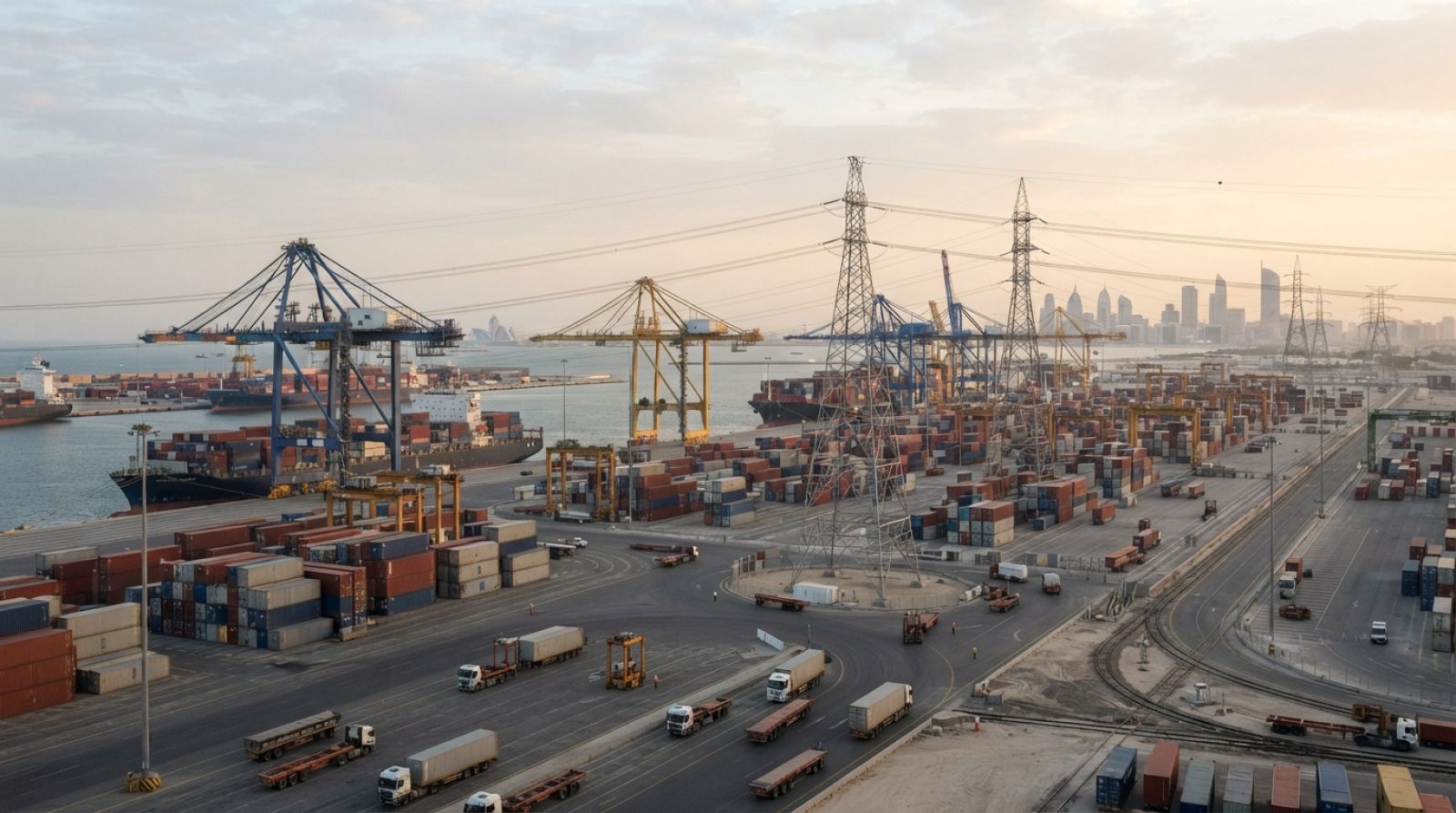 Illustration: A modern commercial maritime port and logistics hub in the Gulf region featuring high-voltage electrical grid towers, cargo infrastructu
