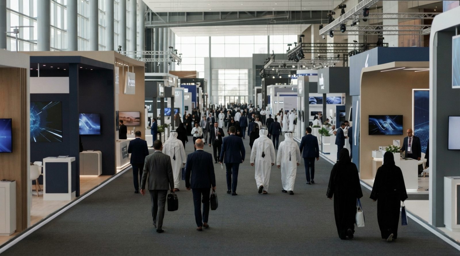 Illustration: A wide interior view of a modern, brightly lit convention center exhibition hall in the United Arab Emirates, featuring contemporary sle