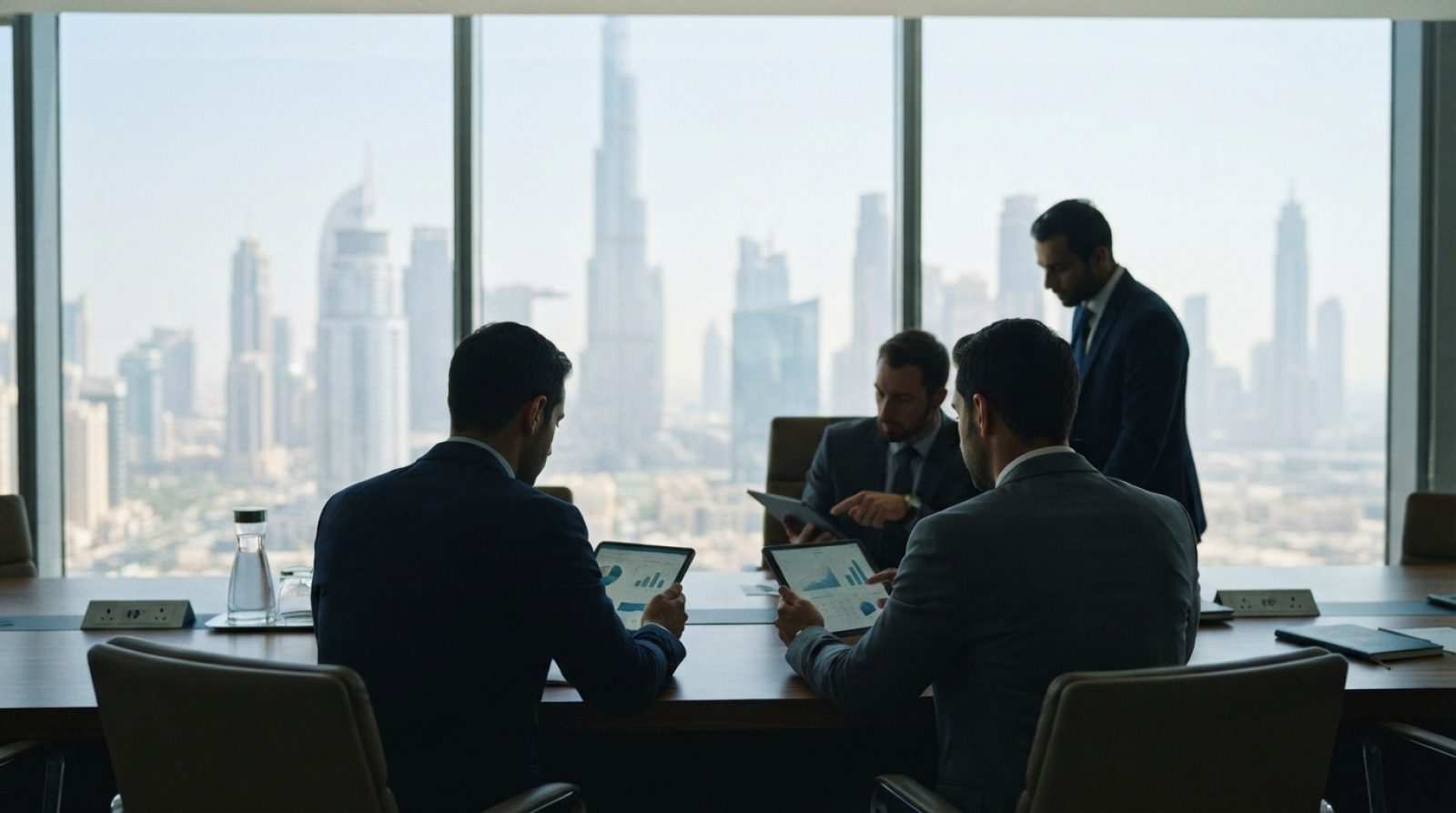 Illustration: Corporate finance professionals reviewing transactional documents and financial charts on digital tablets inside a modern glass office o