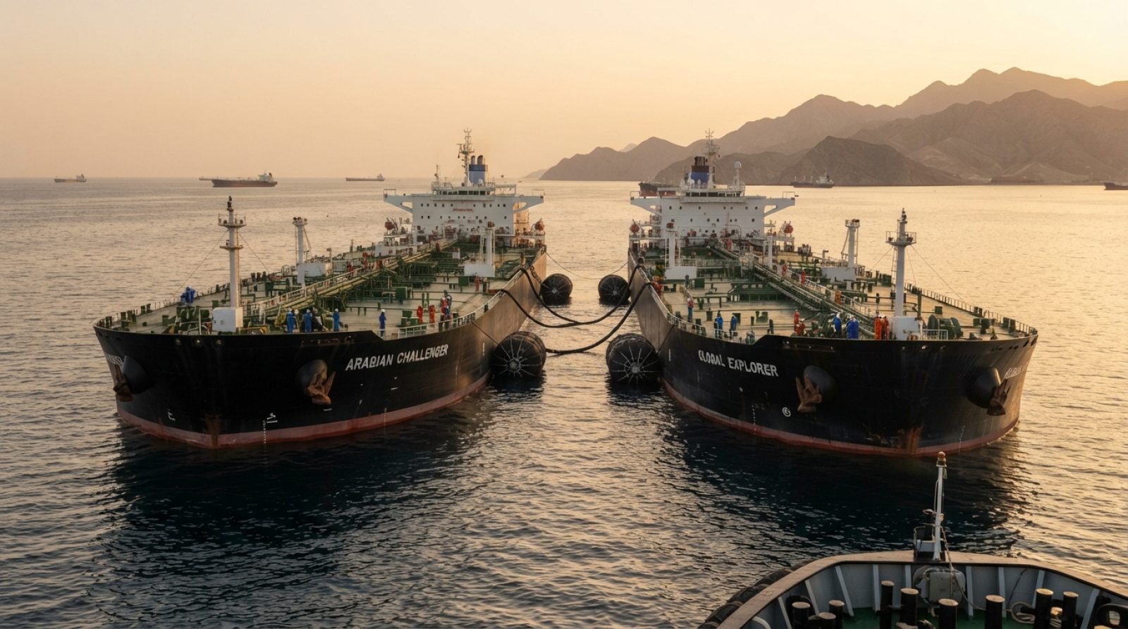 Illustration: Two large commercial oil tankers conducting a ship-to-ship crude oil transfer at sea off the coast of Fujairah during golden hour, indus