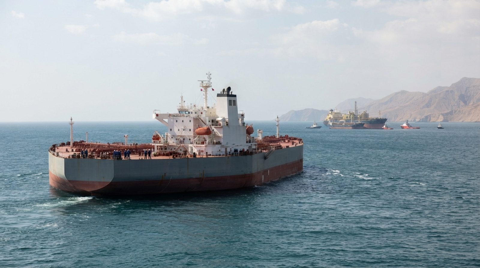 Illustration: A large crude oil tanker navigating through open waters in the Gulf of Oman under daylight, with industrial offshore transfer operations