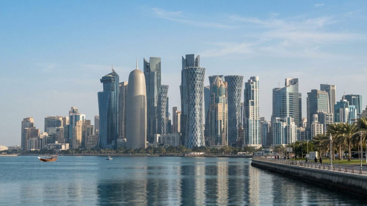 Illustration: Modern financial district skyline of Doha featuring sleek corporate towers under a clear sky, reflecting regional investment and banking