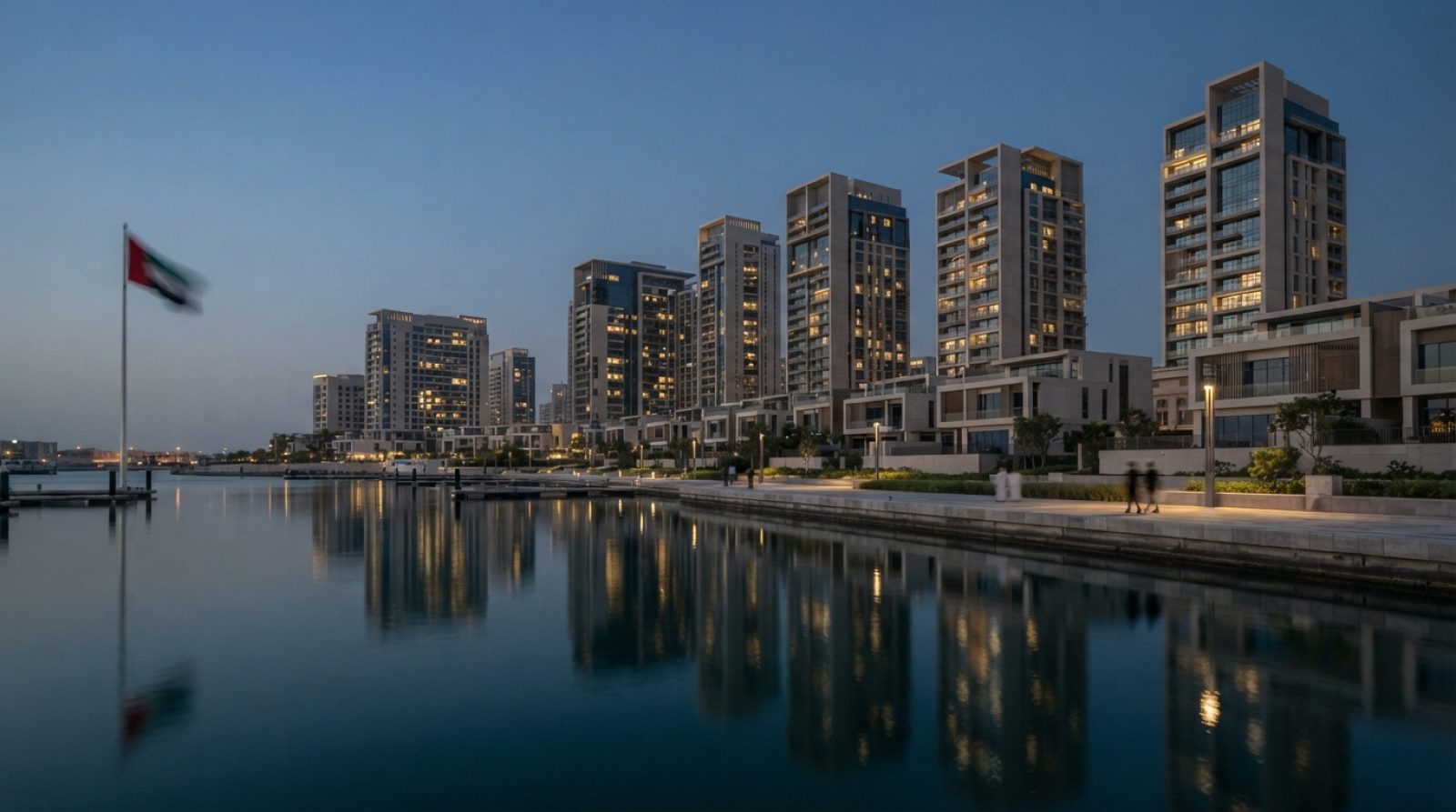 Illustration: A modern architectural view of luxury high-rise residential towers and waterfront villas at dusk, with clean architectural lines, warm i