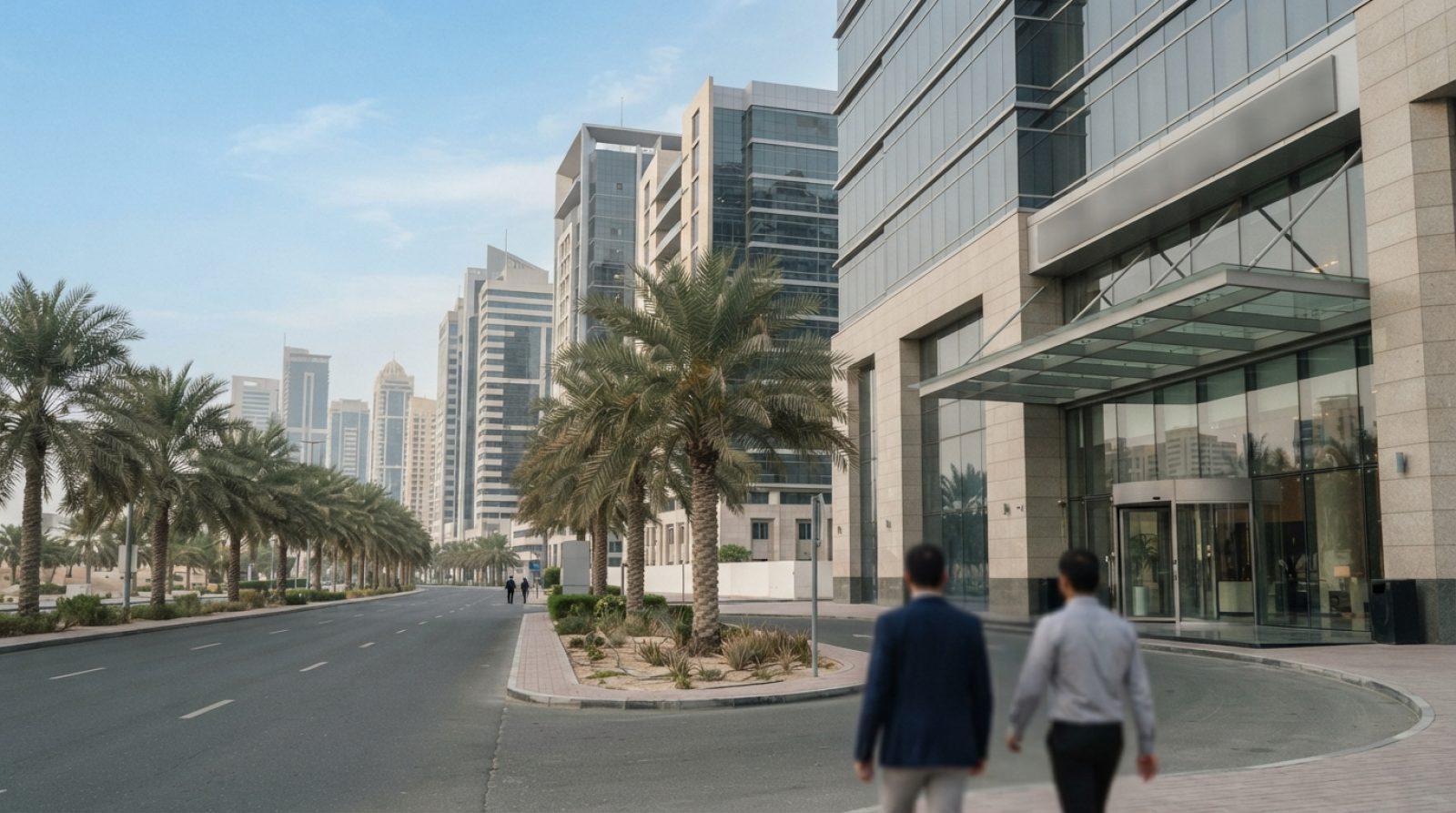 Illustration: A modern commercial business district in Sharjah with high-tech corporate office buildings, palm-lined streets, and a sleek glass entran