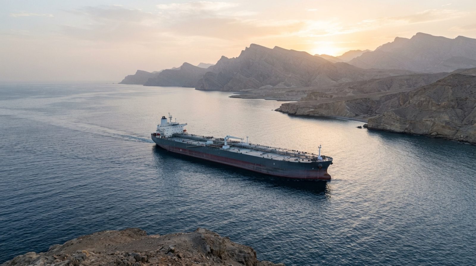 Illustration: A large commercial oil tanker navigating calm open waters near a rugged, arid mountainous coastline at sunrise, viewed from an elevated