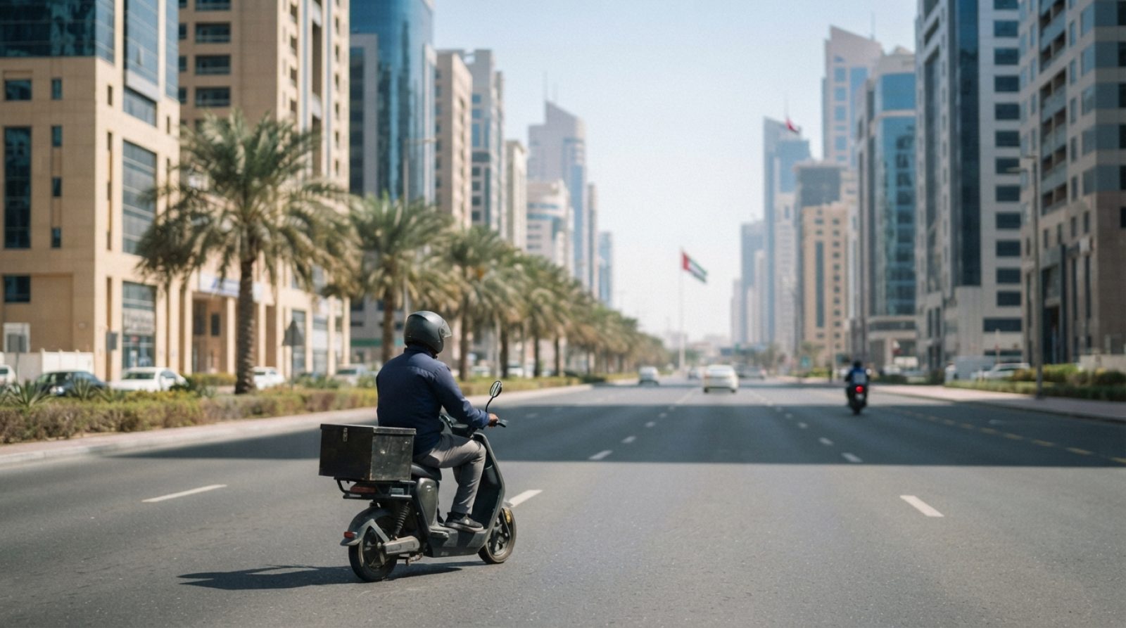 Illustration: A modern delivery courier on a scooter riding down a wide, sunlit avenue lined with contemporary commercial high-rises and palm trees in