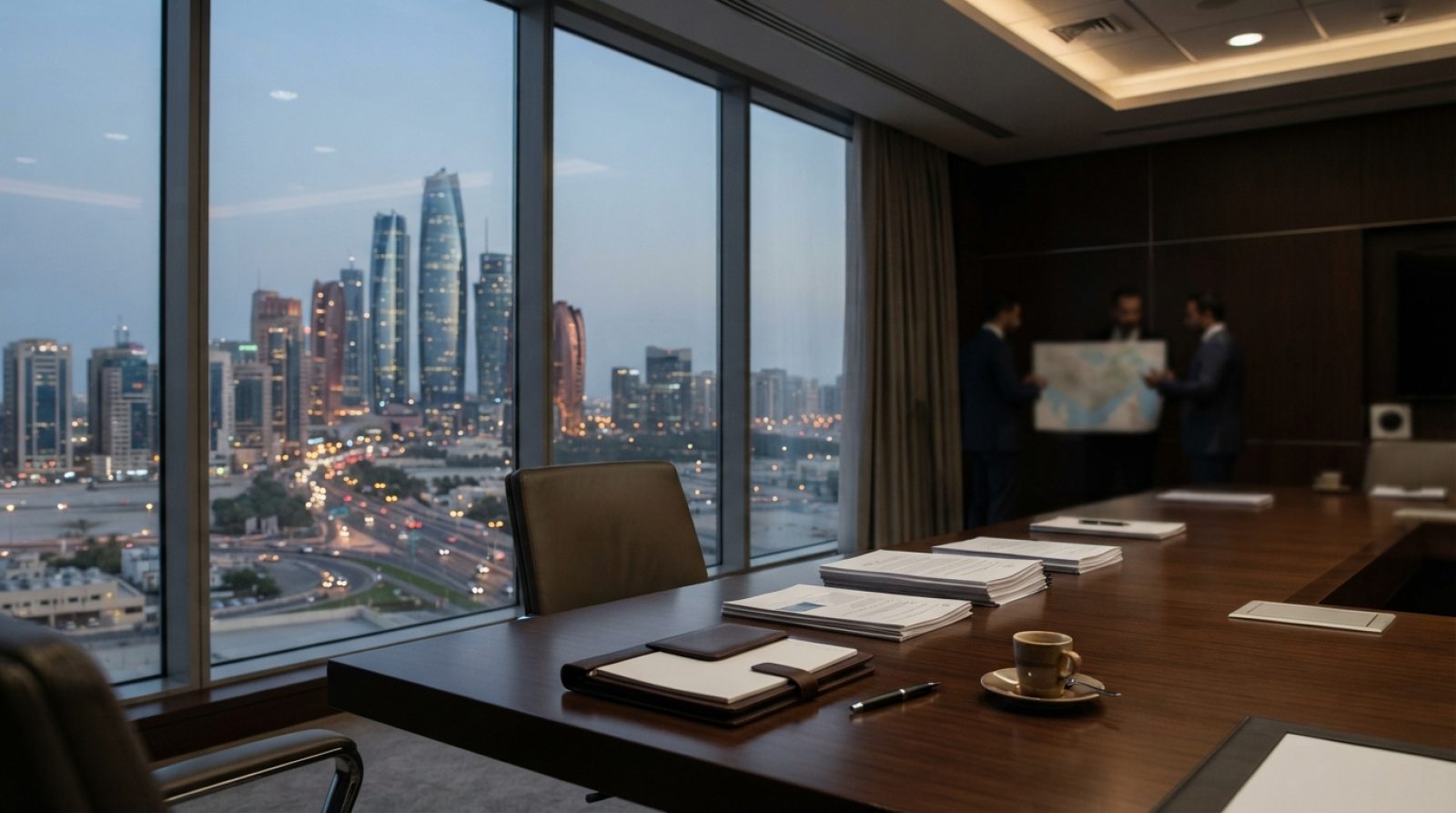 Illustration: A modern executive boardroom overlooking a vibrant metropolitan skyline with an espresso cup and neat business documents on a polished w