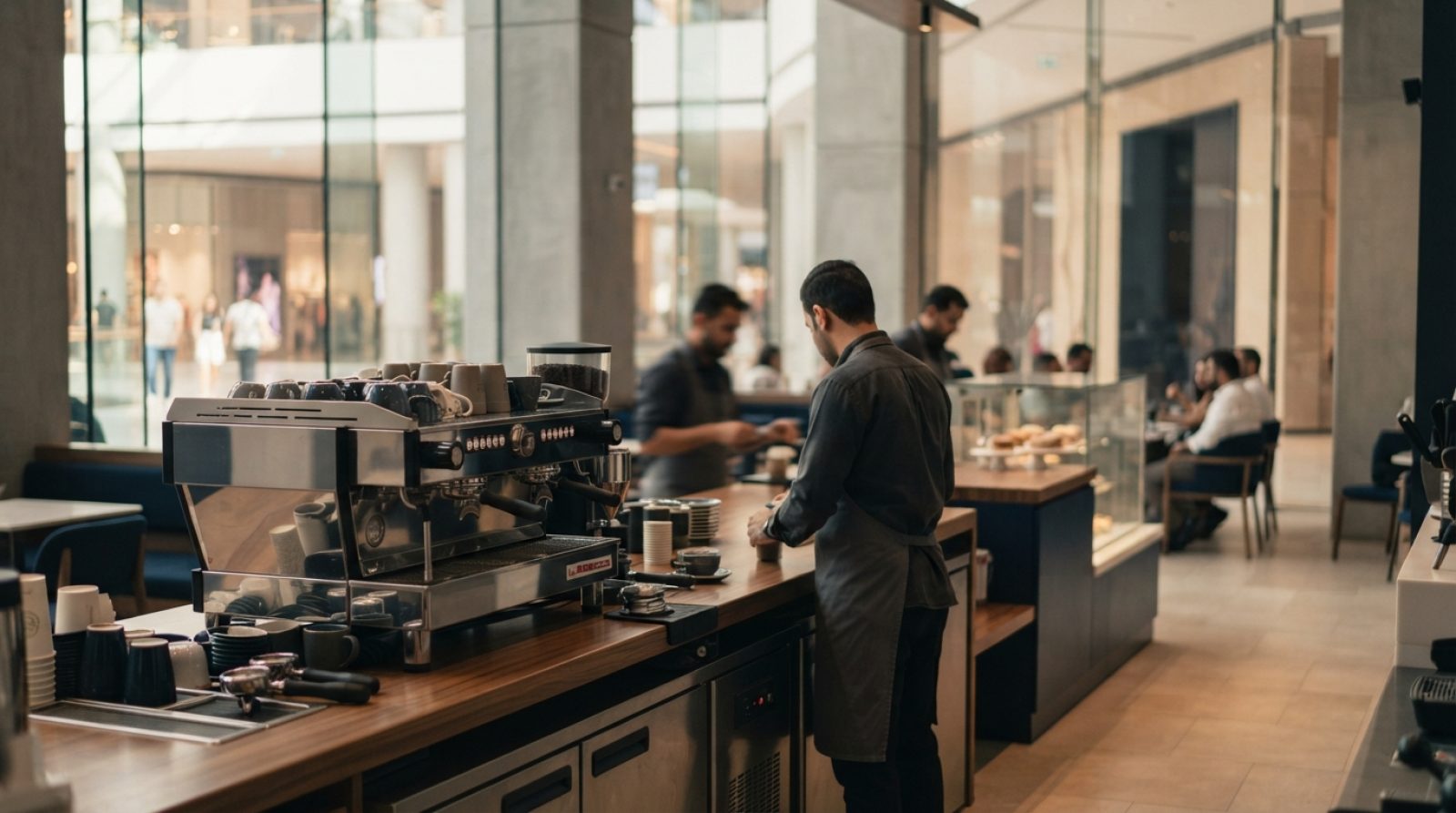 Illustration: A modern, bright commercial cafe counter setting in a contemporary Middle Eastern shopping mall, featuring stainless steel espresso mach