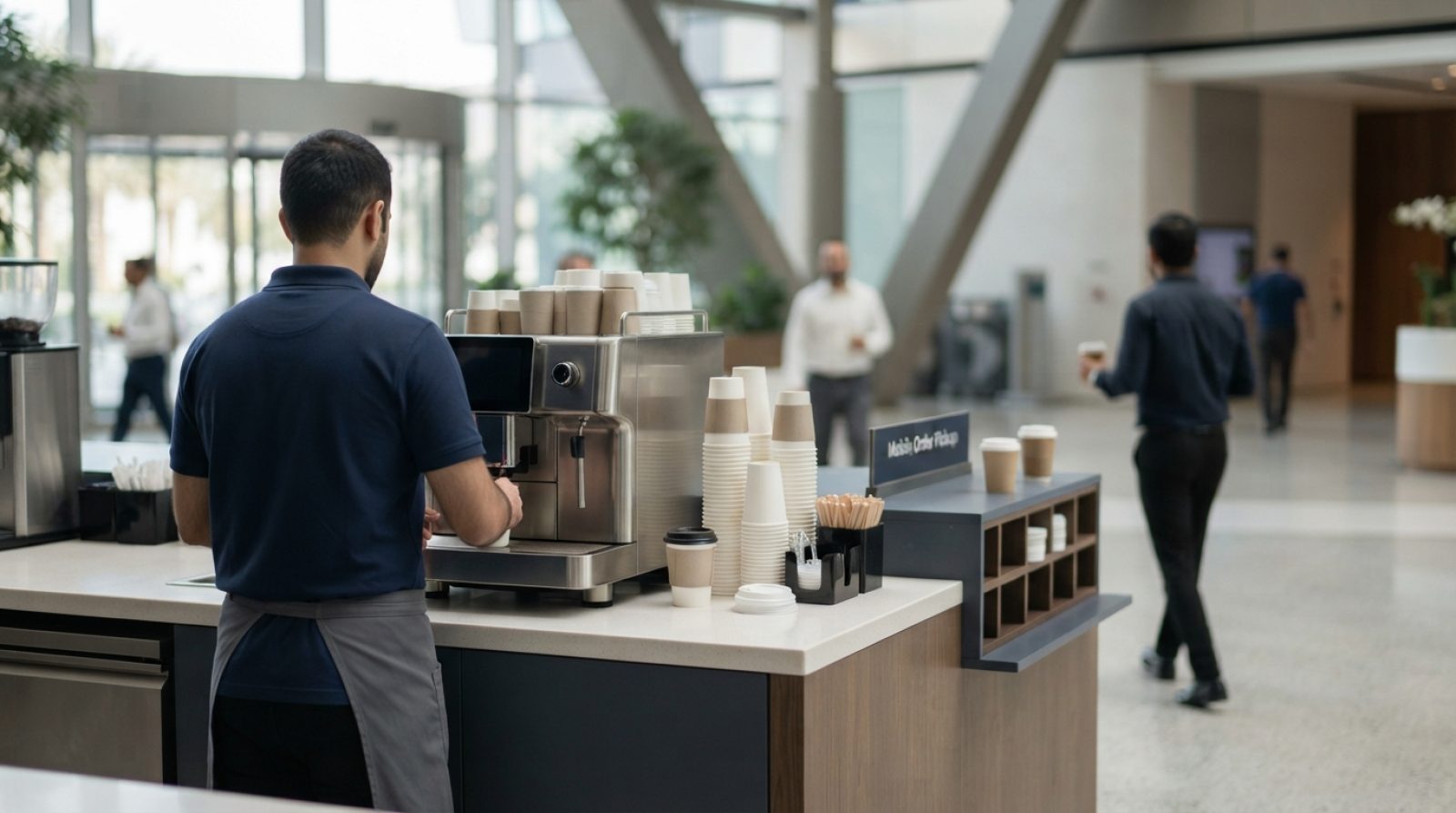 Illustration: A modern commercial coffee counter in a contemporary urban atrium with an automated espresso machine, takeaway paper cups, and a mobile