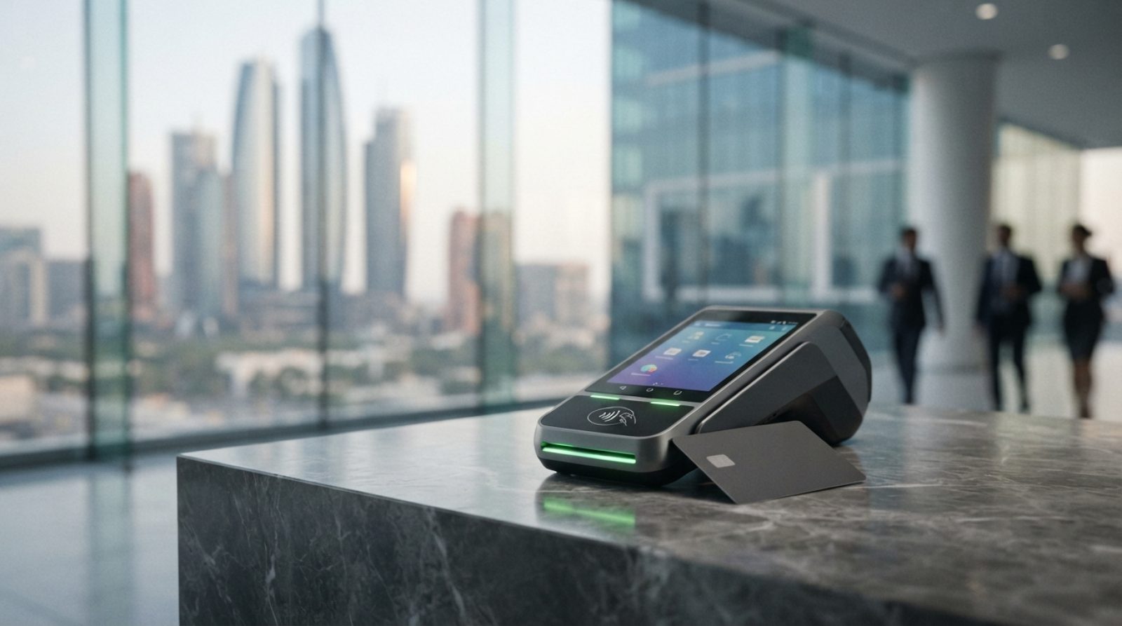 Illustration: A close-up editorial photograph of a modern point-of-sale digital payment terminal on a sleek marble counter in a financial district off