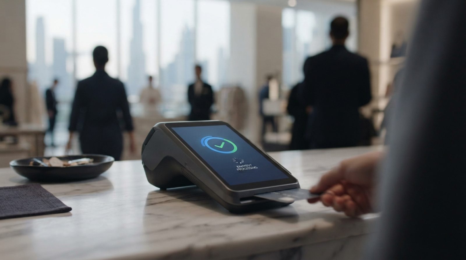 Illustration: A close-up editorial shot of a sleek modern point-of-sale payment terminal on a marble retail checkout counter in Dubai, displaying digi