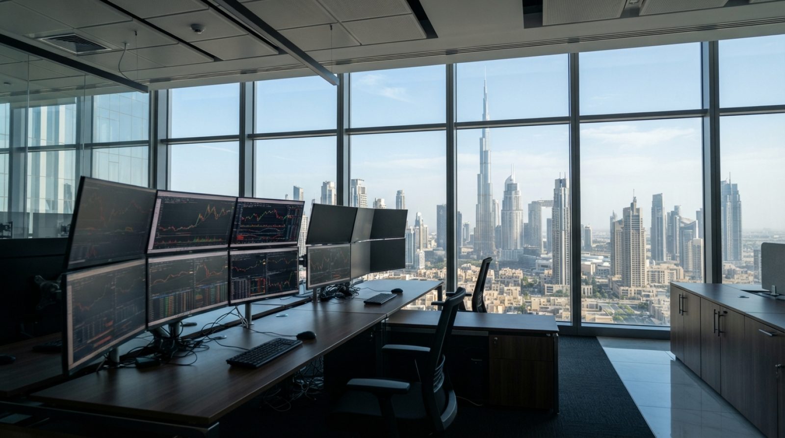 Illustration: A modern financial trading desk and executive office interior in Dubai overlooking downtown skyscrapers through floor-to-ceiling glass w