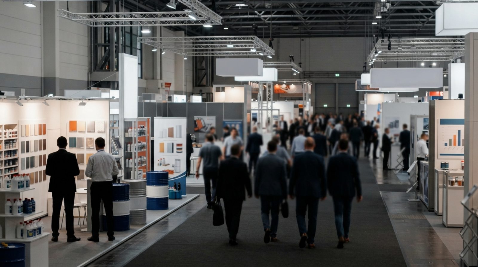 Illustration: A modern industrial exhibition hall filled with clean display booths presenting chemical coatings, architectural paint samples, and indu